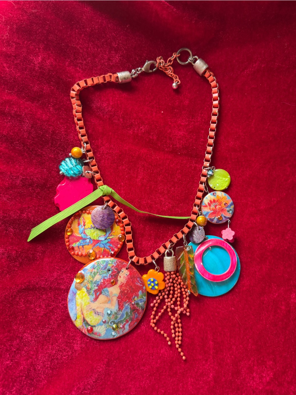 Vintage Artisan Vibrant Y2K Boho Mermaid Statement Necklace Unique Mermaidcore